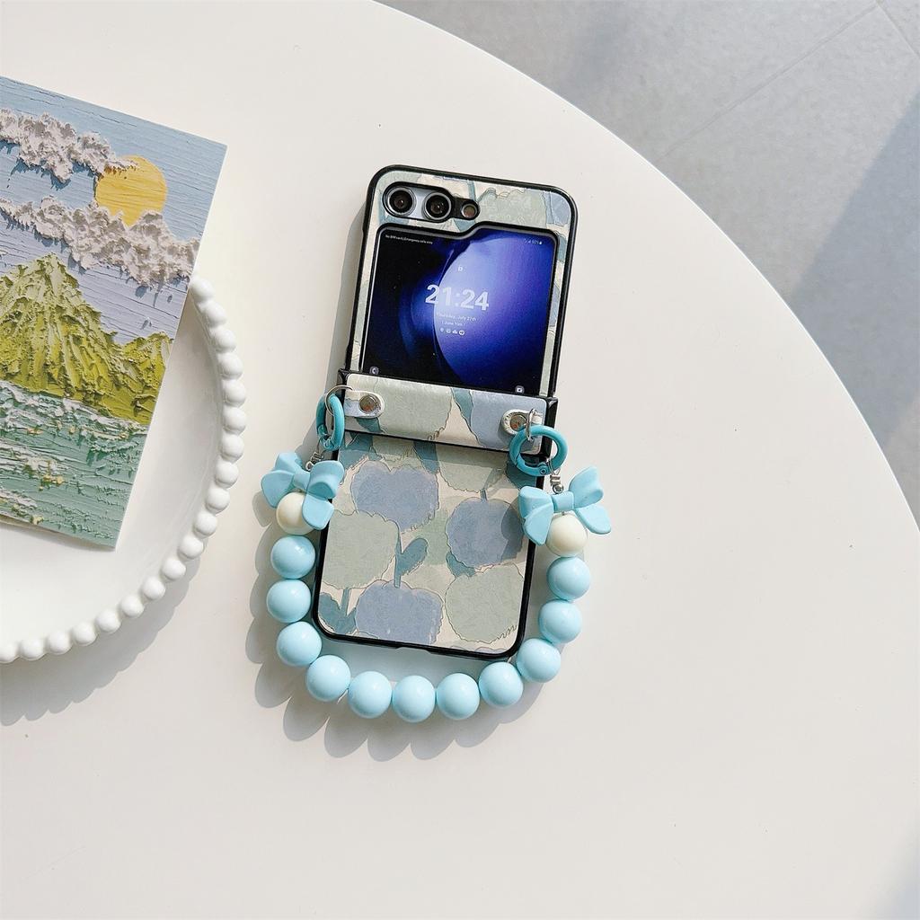 For Samsung Galaxy Z Flip5 5G Case Hinge Design Lacquered Pattern PU Leather+PC Phone Cover with Bead Chain