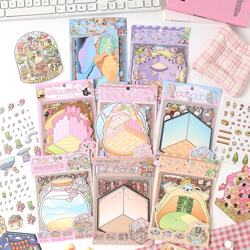 8pcs Stickers+4pcs Scene Fun 3D Stereoscopic Scene Stickers Creativity Decorative Hand Account Scrapbooking Stationery