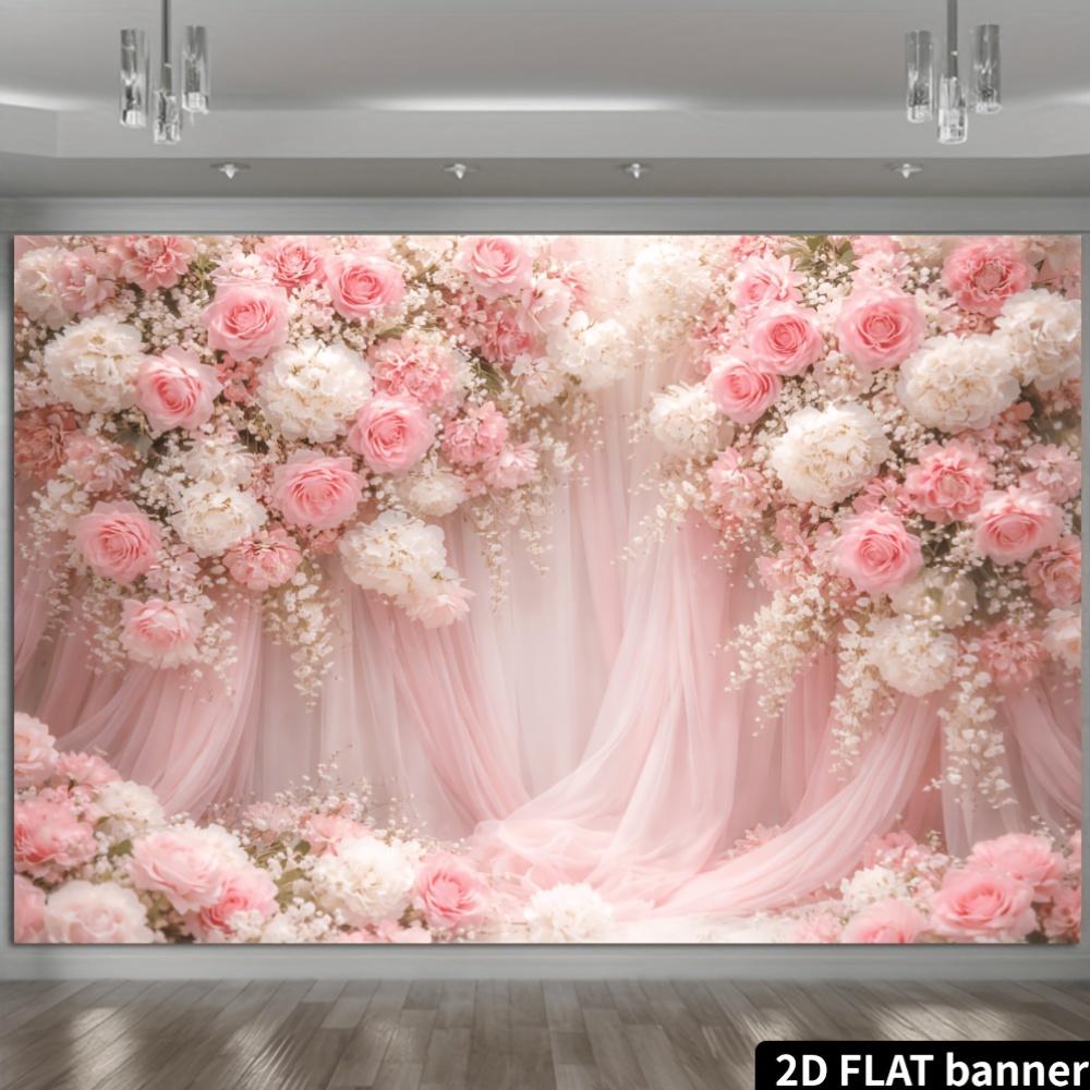2D Plane Romantic Pink Rose Flower Background Fabric with a Combination of Light Pink and White Rose Globes