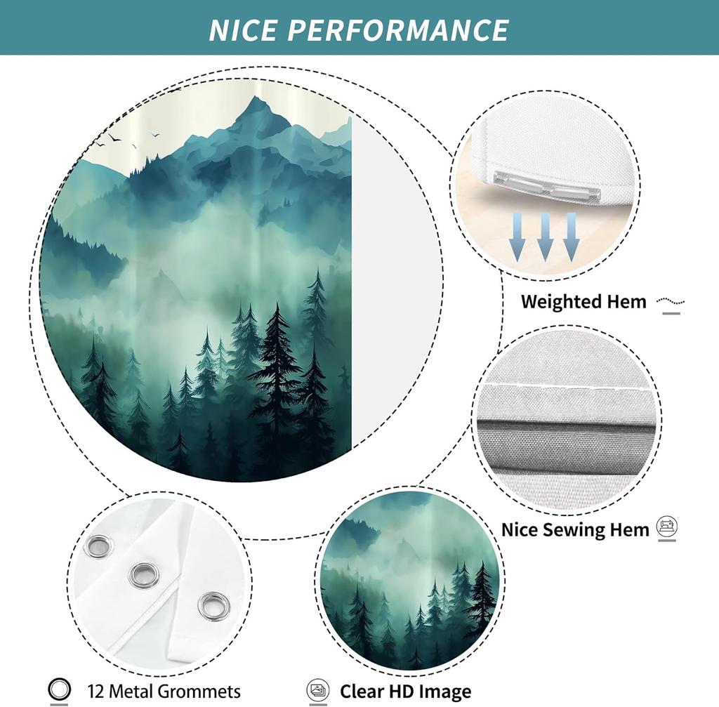 Mountain Forest Shower Curtain Misty Landscape Pine Trees Birds Scene Nature Art Bath Decor Waterproof Fabric Home Accessories