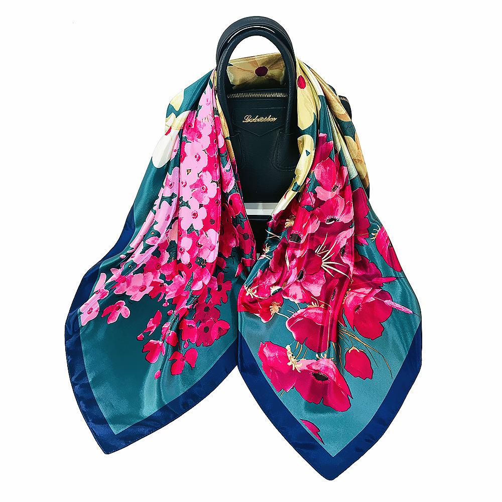 90*90cm Luxury Brand Twill Silk Large Scarf Women Fashion Flower Pattern Satin Square lady Design Handkerchief Bandanna foulard