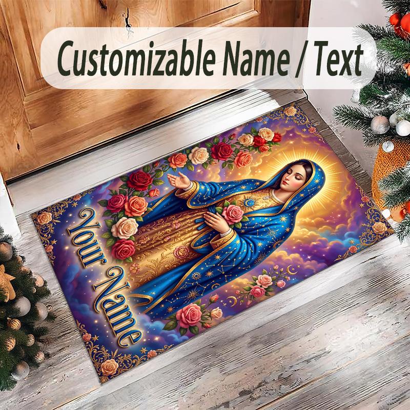 Virgin Mary Theme Crystal Velvet Rug Personalized Custom Name Text Soft Floor Mat Home Decor