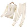 Women Thickened Fleece Thermal Underwear Set With Built In Chest Pad Slim Long Sleeve Top And Long Pants