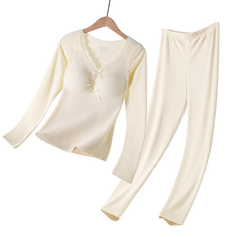 Women Thickened Fleece Thermal Underwear Set With Built In Chest Pad Slim Long Sleeve Top And Long Pants