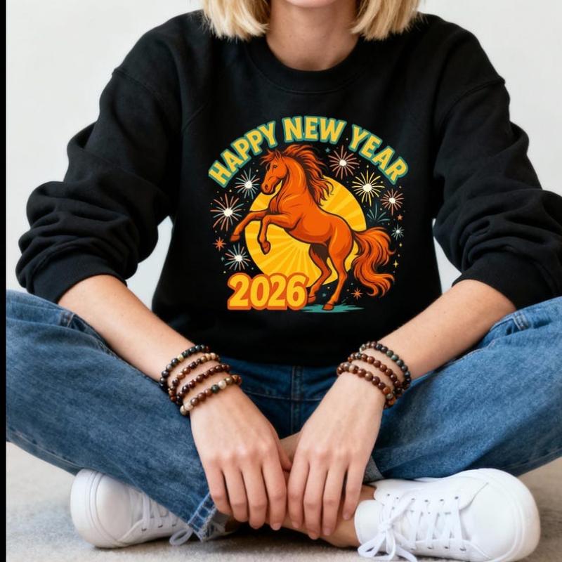 Happy New Year Keep Warm Horse Sweatshirt of The Lunar Gift Holiday Crewneck Matching Hoodies Autumn and Winter Adult Pullover