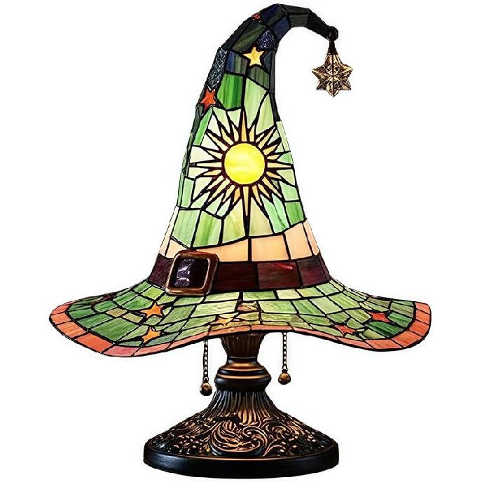 Witch Hat Lamp Stained Glass Witch hat Table lamp, Sun and Stars Design Halloween Witch hat lamp(Green)