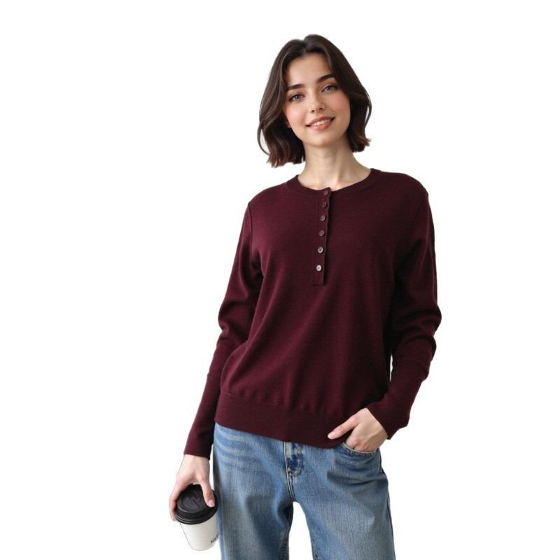 0 wool half placket round neck pullover knitted sweater top women's autumn simple age-reducing sweater