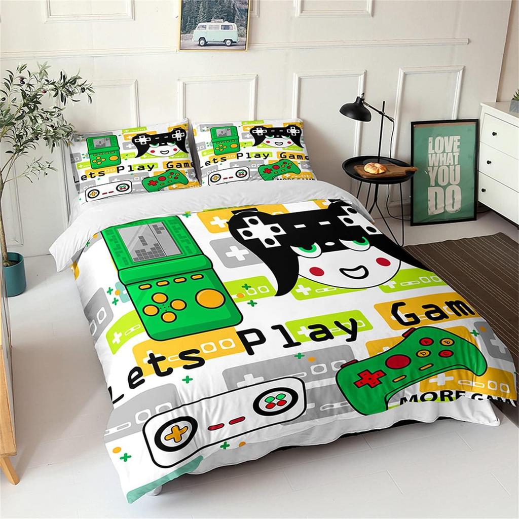 Gamer Duvet Cover Set Black Green Blue Anime Cartoon 3D Gamepad Bedding Set Boy Girl Teen Soft Polyester Quilt Cover Pillowcases