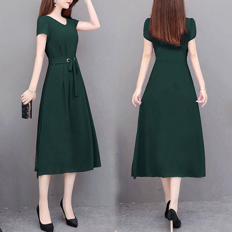Temperamen Fashion Dresses Summer New Women Solid O-Neck Zipper Bandage Hepburn Style Short Sleeves Lim Mid-length A-line Dress