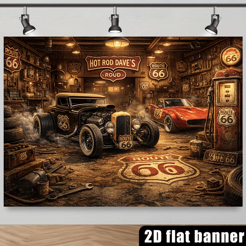 2D Flat Banner - Industrial Style - 66th Highway Background Fabric - Retro Garage Theme