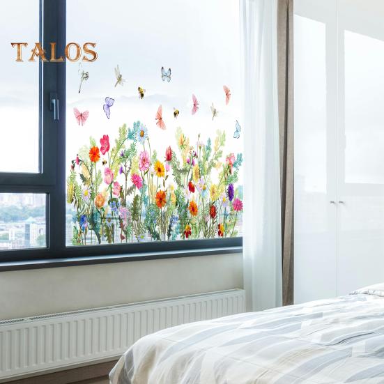 Cartoon Plants Wall Sticker Waterproof Flower Grass & Butterfly Decals Vinyl Art Decoration Removable Background Stickers for Living Room Girls