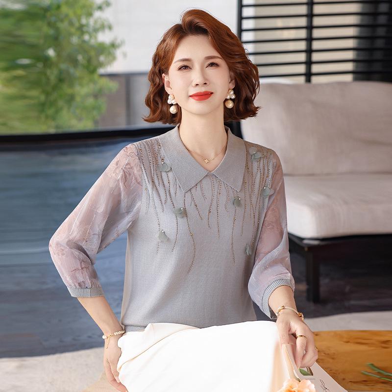 

Elegant Summer Lapel T-shirt for Moms - Seven-Sleeve Design for Middle-Aged Women L (80-100 jin) сірий колір