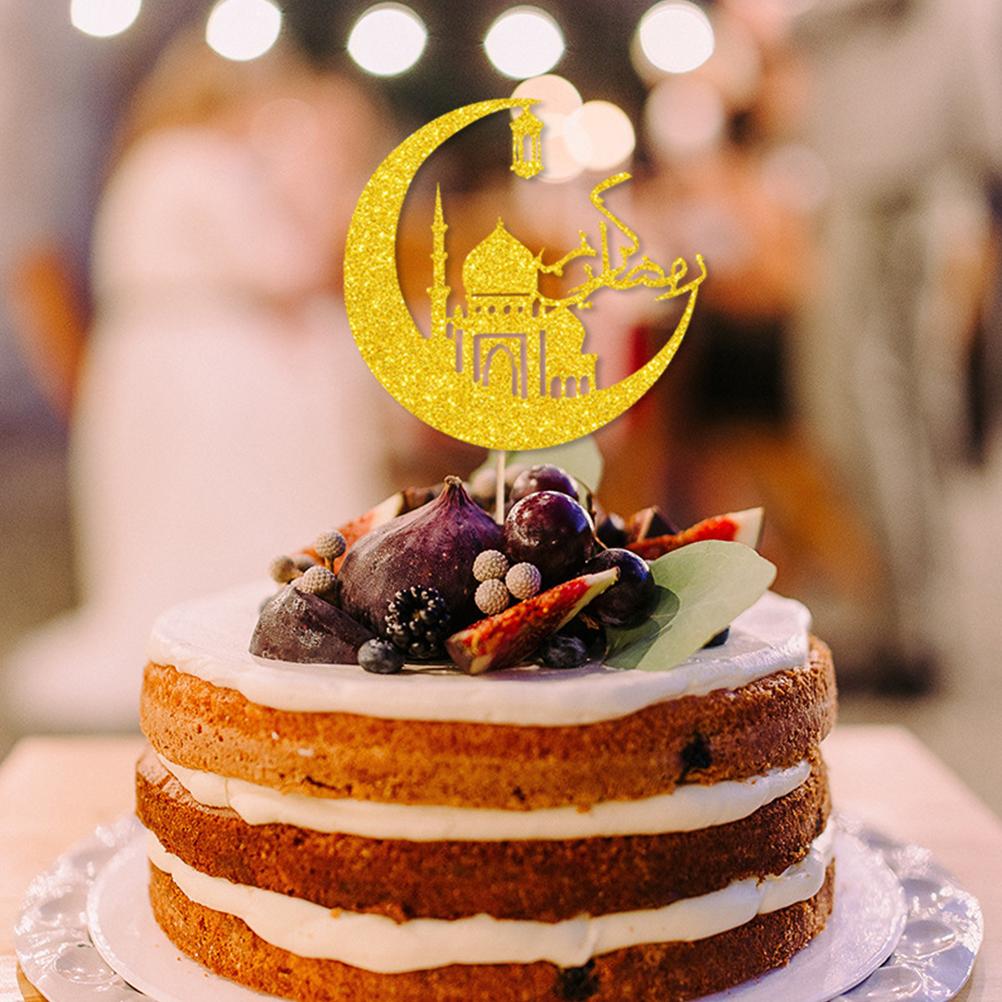 4 Pcs Card for Eid -Fitr Moon Cake Picks Toppers Insert Wooden Stick Decor Party Flags Dessert