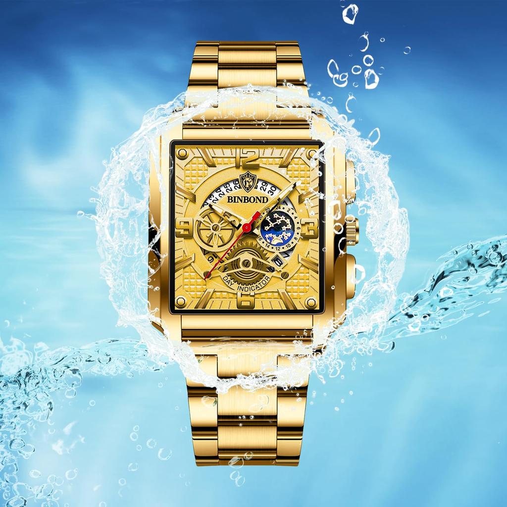 Square Watch with 3ATM Water Stainless Steel Analog Quartz Simple and Stylish Business Watch A Great Gift for and Day Men's Calendar, Gold