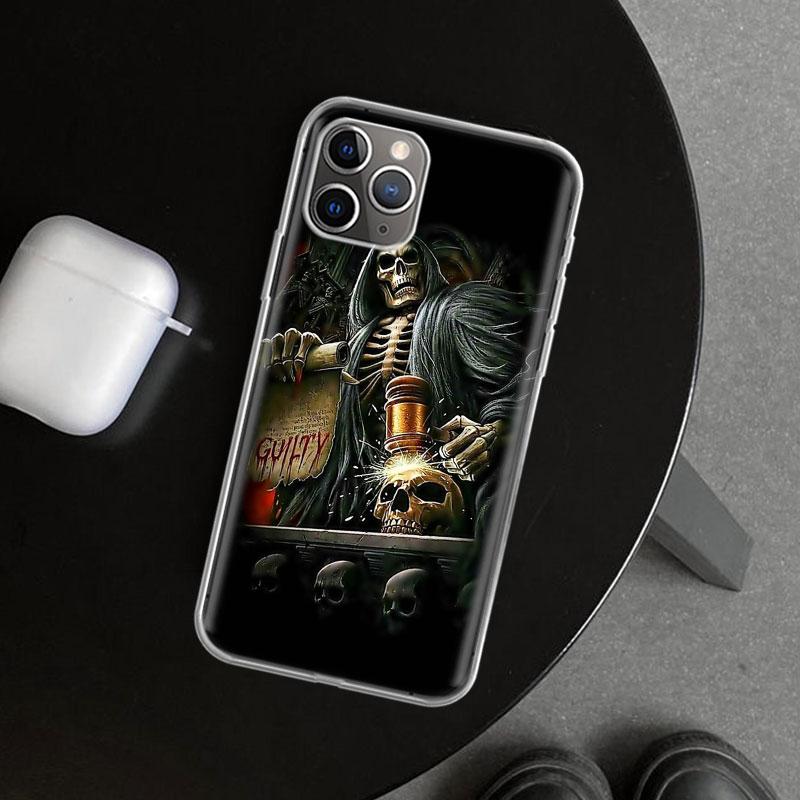 

Чехол-бампер с рисунком черепа жнеца, скелета и пистолета для iPhone 11 12 13 Mini 14 15 Plus 16 Pro Max 17 Air 7 8 + SE Арт Индивидуальный Fundas iPhone 7(8)SE