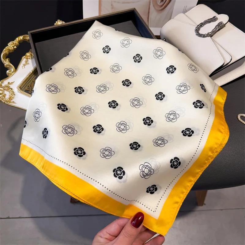 Luxury Brand 2025 Floral Print Square Silk Scarf for Women Hijab Hair Bands 70cm Neckerchief Female Satin Shawl Ribbon Headband