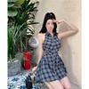 French Chic Sleeveless Polo Shirt & Plaid Skirt Set: Summer Waist-Cinching Button-Up Dress with Sweet & Spicy Style