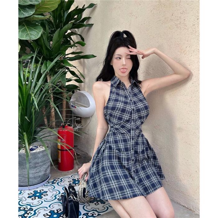 French Chic Sleeveless Polo Shirt & Plaid Skirt Set: Summer Waist-Cinching Button-Up Dress with Sweet & Spicy Style L