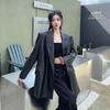 Women Fall Mid Length Black Leather Blazer Loose Double Breasted Casual Elegant Leather Suit Jacket