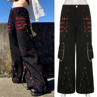 Women Pants High Waist Color Block Wide Leg Casual Trousers Loose Fit Retro