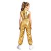 Mädchen Jazz Dance Crop Top Stehkragen Ärmellos Verdeckter Reißverschluss Hinten Pailletten Metallisches Patchwork Rüschen mit Glänzender Hose für Bühnenauftritt