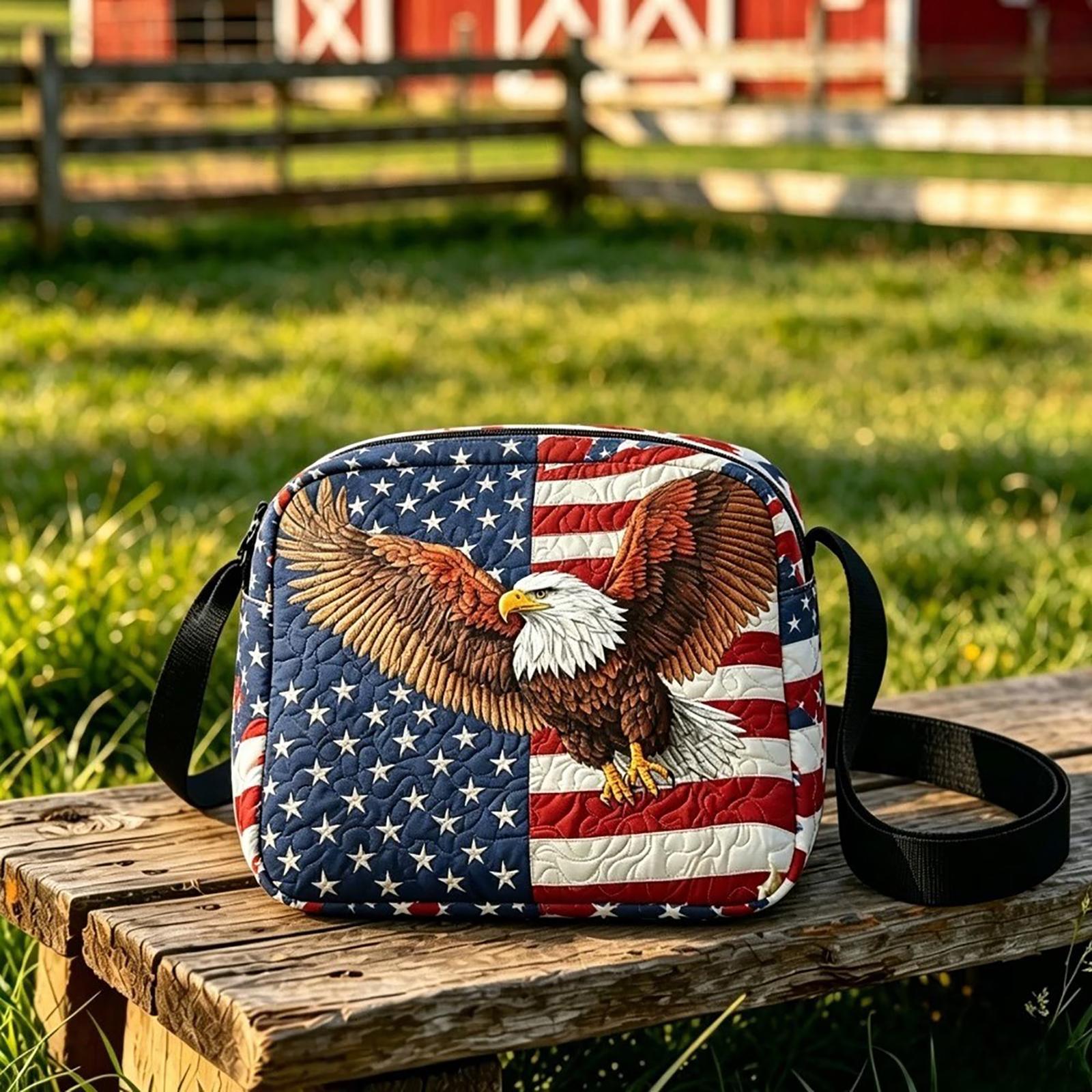 Quilted Crossbody Bag with Embroidered Eagle and Star Pattern Commemorating 250th Anniversary US Design Adjustable Strap Compact Size One Size циан