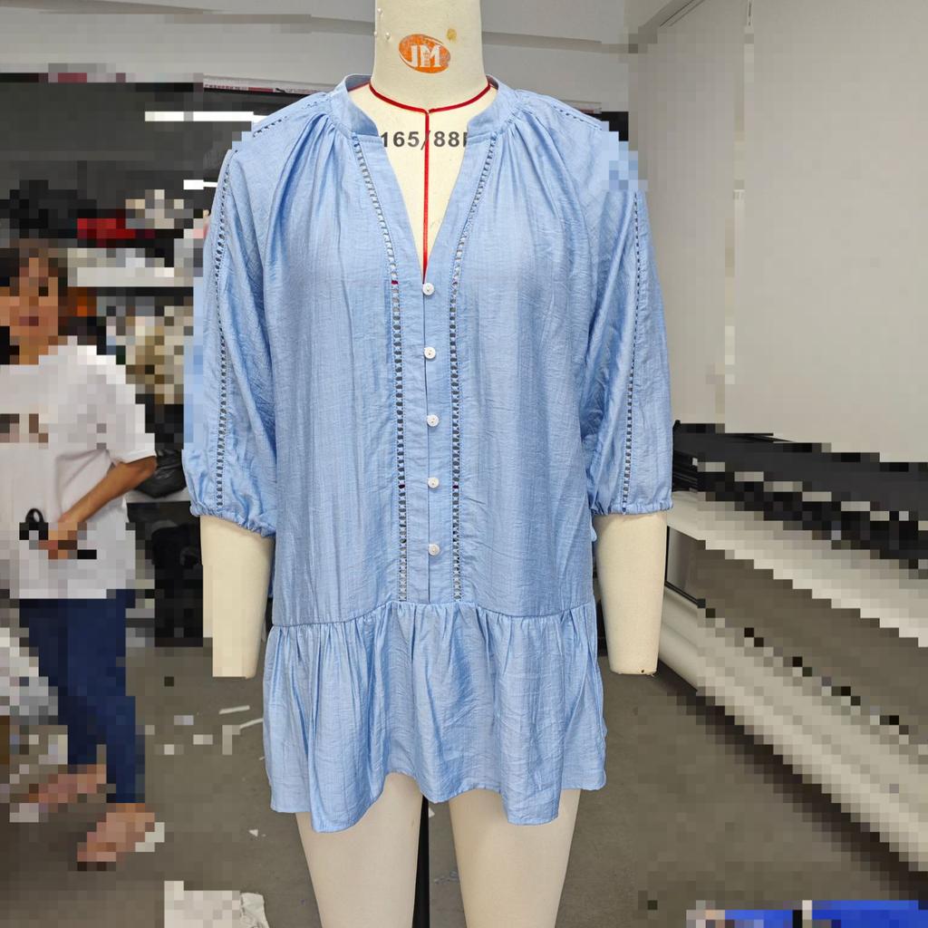 Spring and Autumn Women's V-neck Blue Temperament Loose Shirt Dress Short Dress