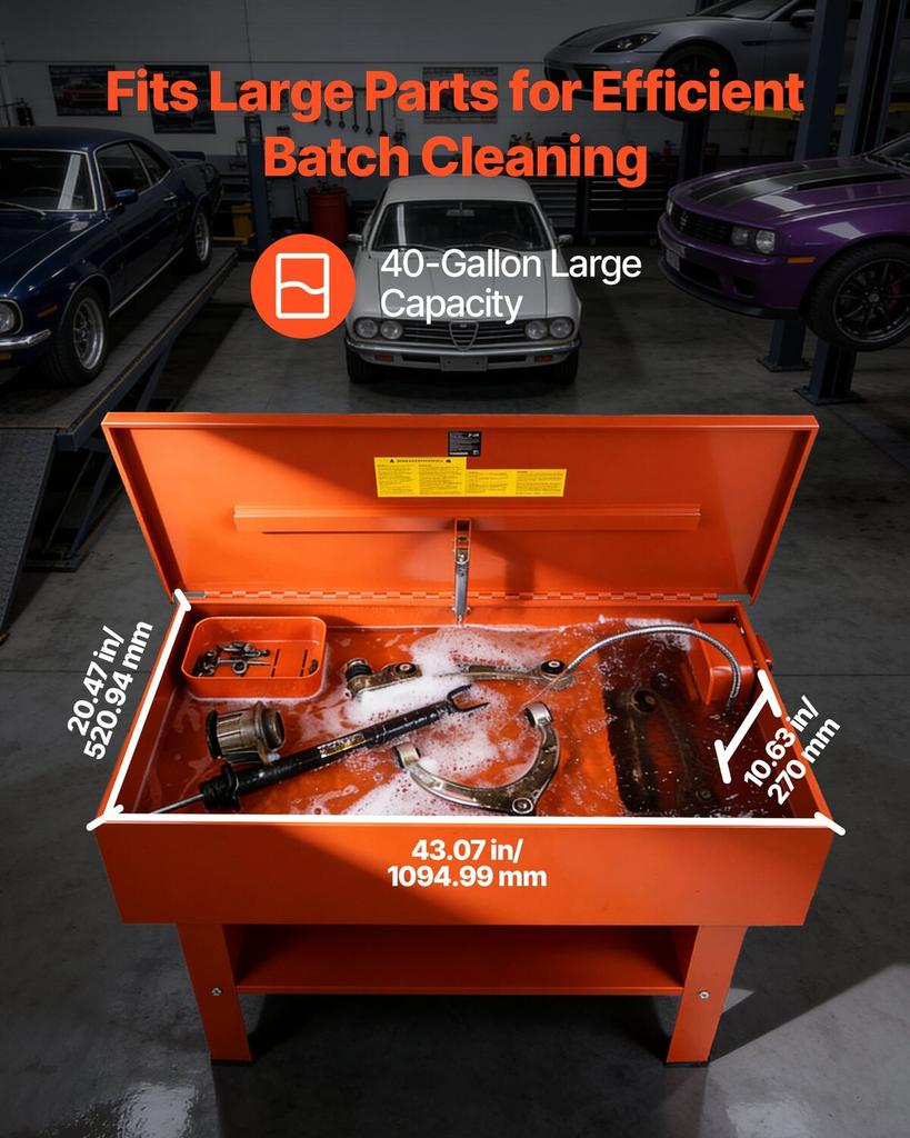 Parts Washer 151L Tank, 65L Solvent Capacity, 3L Per Minute Max Pump Output, Heavy Duty Steel Cabinet Electric Pump Automotive Parts Washer Cleaner