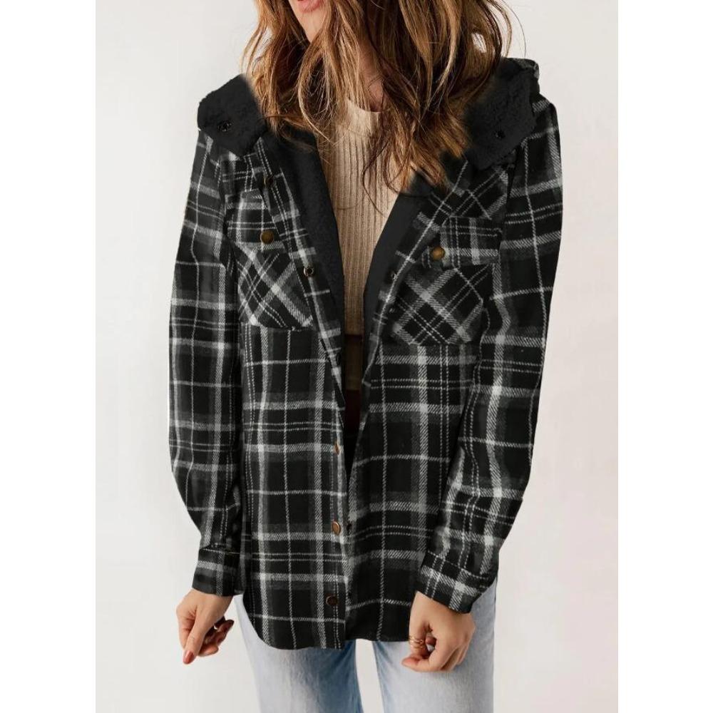 European and American autumn and winter women s plaid casual versatile jacket long-sleeved fluffy hooded jacket with pockets S
