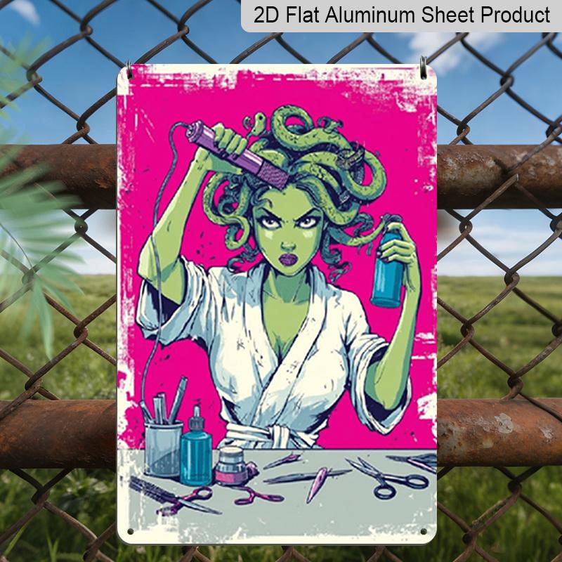 2D Flat, Medusa Greek Mythology Wall Decor - 8x12 Inch Retro Aluminum Medusa Snake Hair Plaque with Suitable for for, Office, Bar - Vintage Greek Key 20*30cm