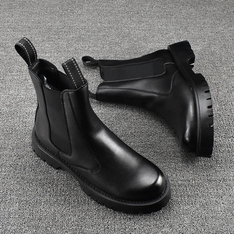Korean Style Mens Chelsea Boots Black White Casual Shoes Stage Nightclub High Motorcycle Boot Original Leather Platform Botas