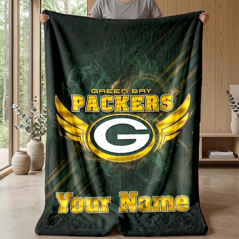 Green Bay Packers Custom Flannel Throw Blanket Print Your Name Text Soft Warm Blanket Holiday Present
