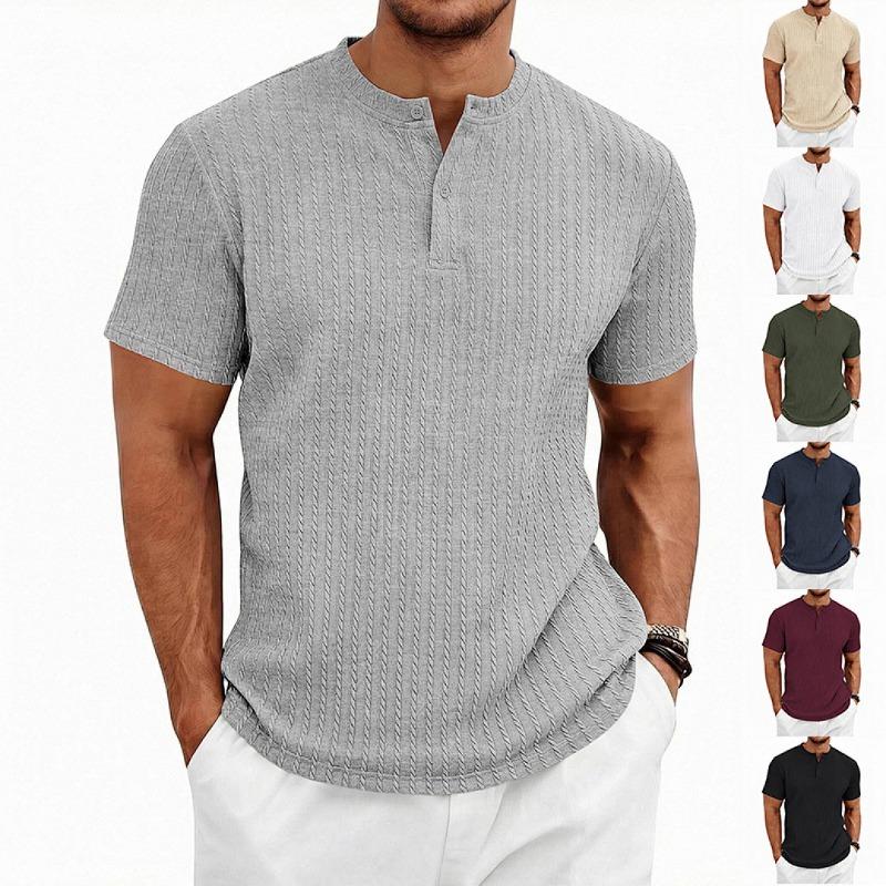 Mens American Retro Texture Elastic Loose Casual Short Sleeve Henley T Shirt