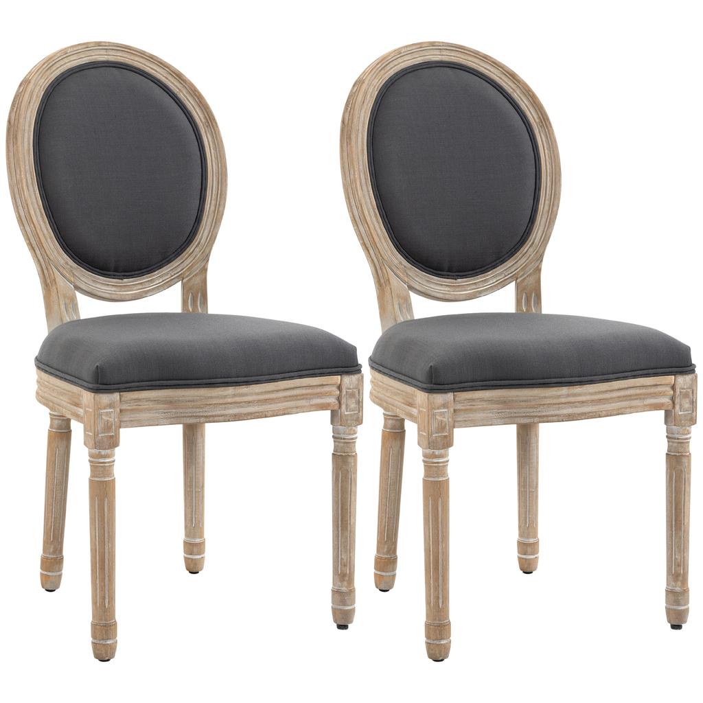 Dining Chairs, Set of 2, Louis XVI Medallion, Linen-Effect Upholstered Seat and Back, Grey