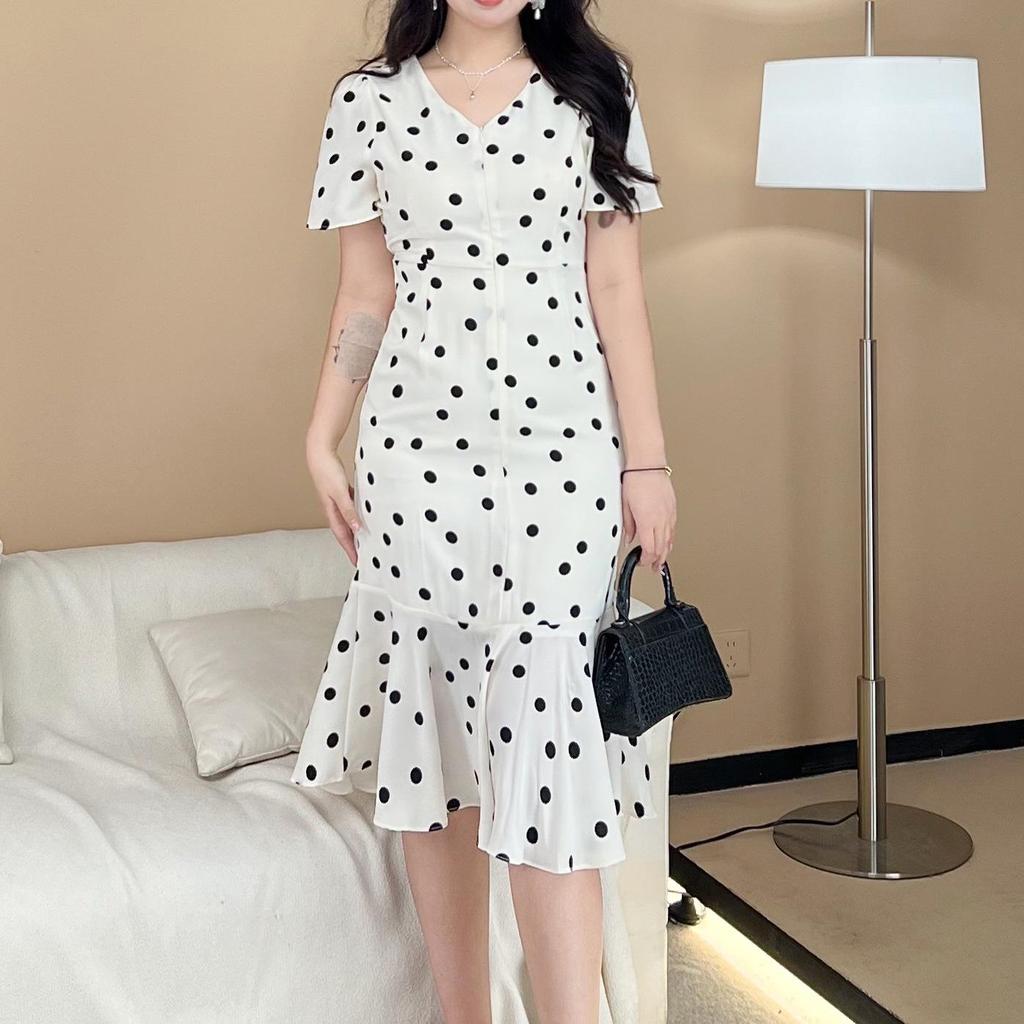 2025 French Fashion Polka Dot Plus Size Loose & Slimming Short Sleeve Dress for Women