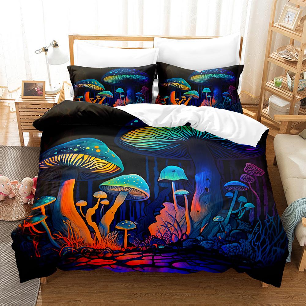 3D Digital Printing Fluorescent Mushroom Series Three-Piece Bedding