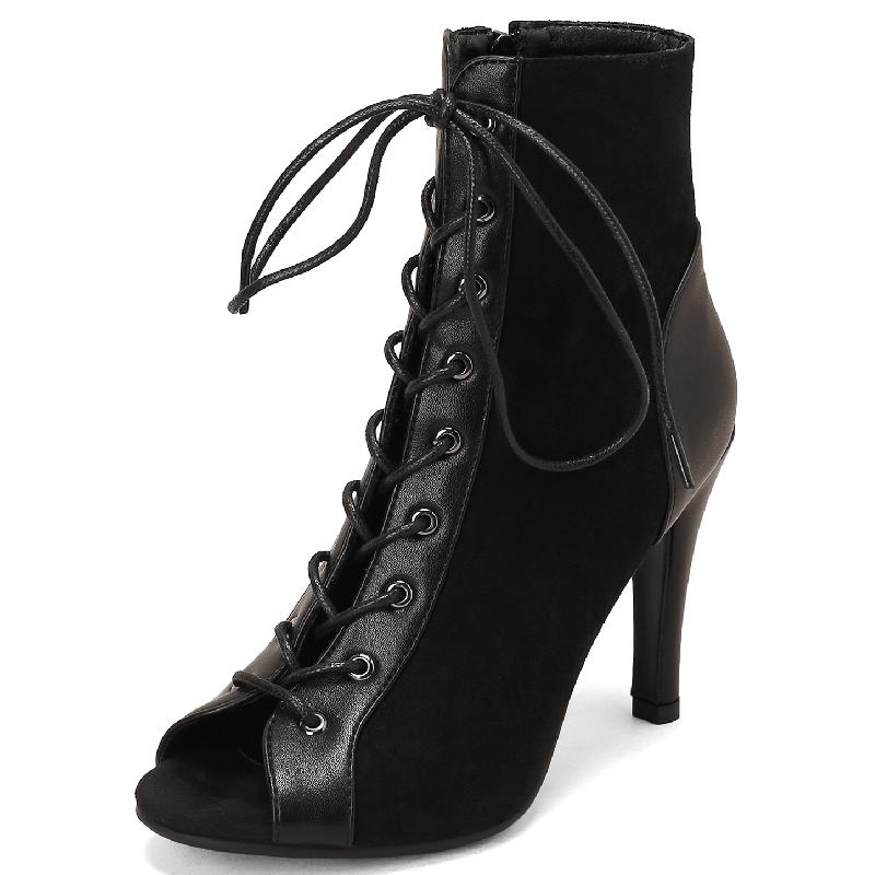Mode Peeptoe Sommer Frühling Stiefeletten für Damen Sexy Absätze Jazz Tanzschuhe Damen Schnürschuhe Schwarz Rot Leopard Partyschuh Weiblich