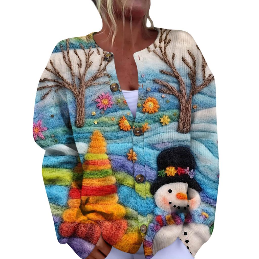 Women's Fashion Christmas Printed Long Sleeve Knitted Cardigan Button Down Jacket