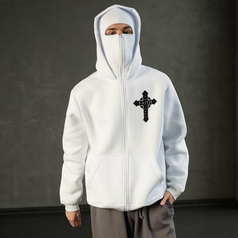 Men's Winter Loose Harajuku Printed Hoodie Sportswear Retro Mask Style Fashion Coat