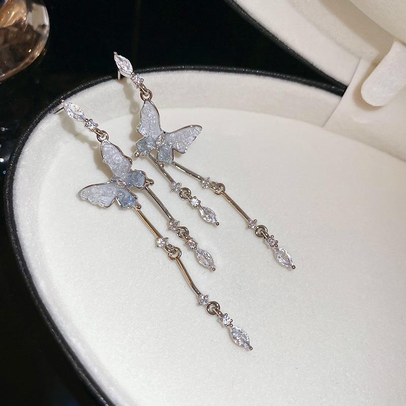 Silver needle gradual change spar butterfly fringed earrings women, exquisite design sense long earrings