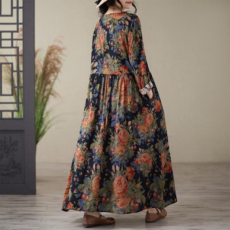 Floral Print Vintage Maxi Dress for Women Plus Size Spring Summer Loose Long Dress