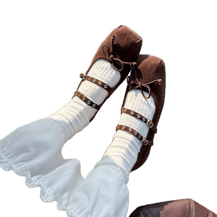 Giant soft bow shallow mouth single shoes 2025 spring sheepskin double breasted bow Mary Jane shoes