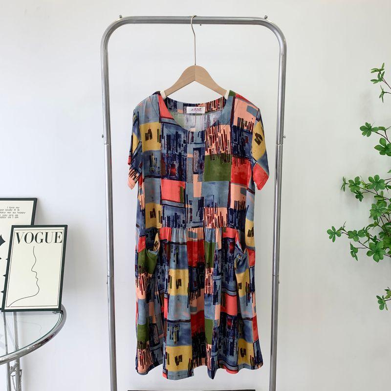 

Ethnic Style Cotton and Linen Dress 2024 Summer New Arrival Noil Poplin Dress Dress Print round Neck Temperament Dress Loose Blue Gingham 2XL