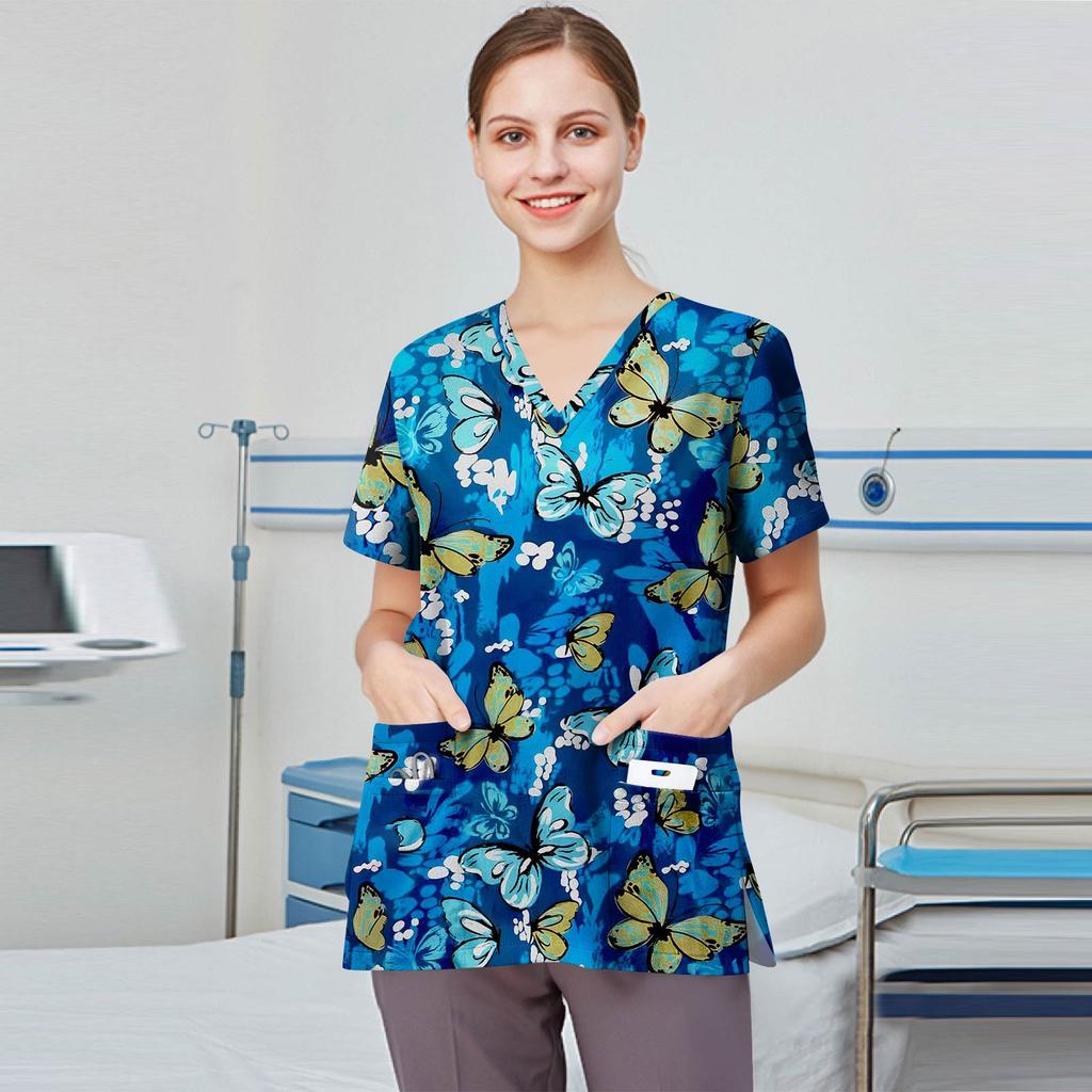 Women's Fashion Printed Short Sleeve V Neck Pattern Tops Pocket Working T-shirts