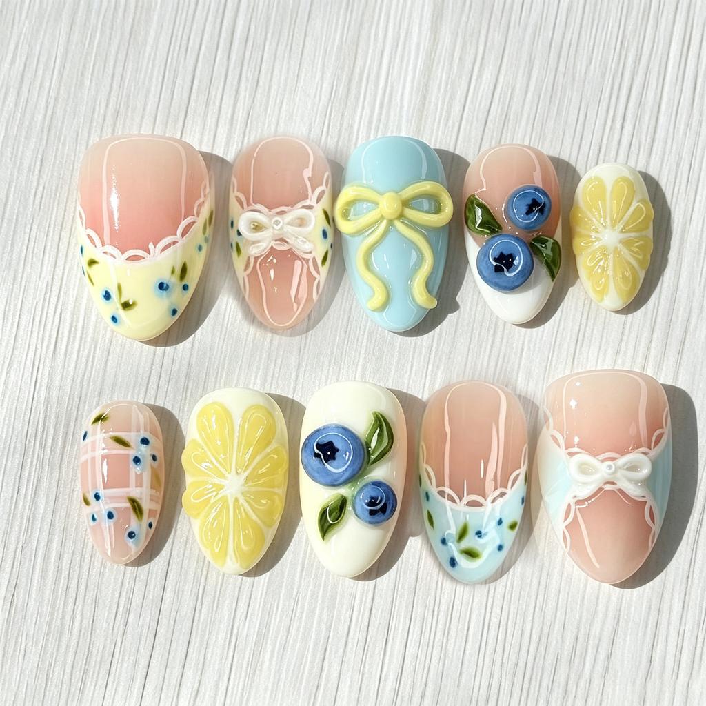 24Pcs Mid-length Almond Press on Fake Nails with Insect Flower Button Design Full Cover Nails Tips Reusable Finished False Nails