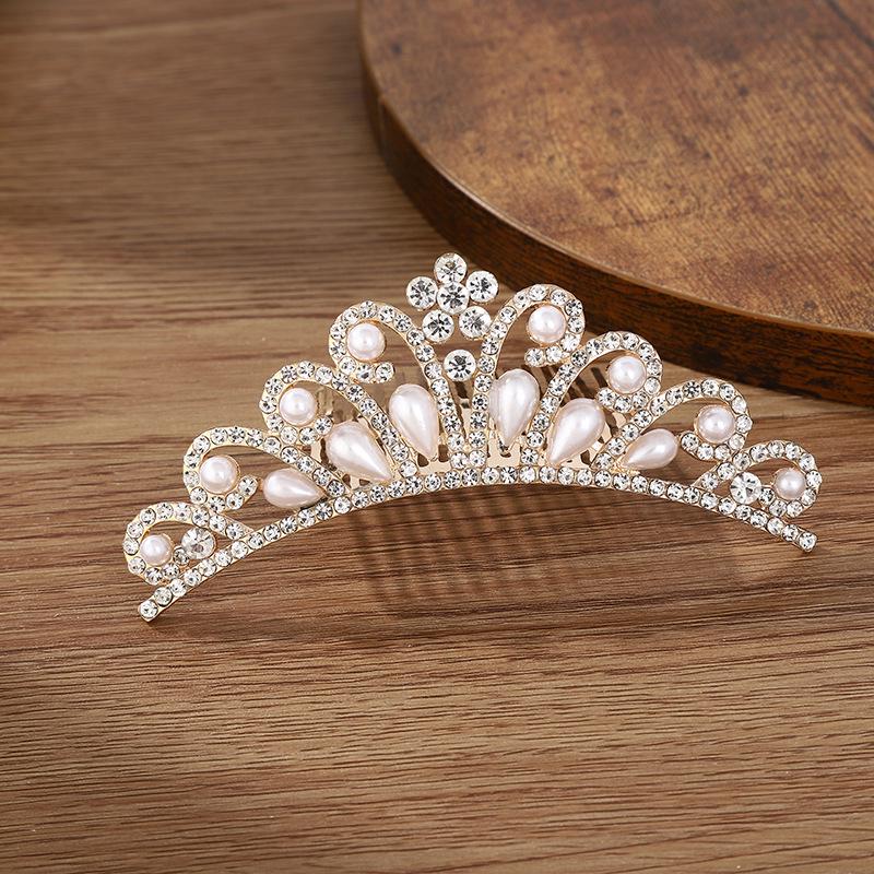 Gold Crown Rhinestone & Pearl Hair Comb for Children - Princess Bridal Accessory
