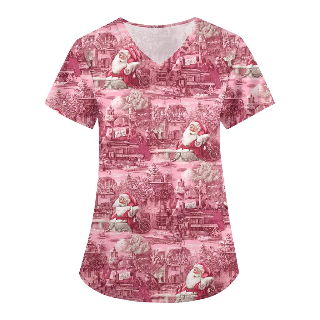 Women's Christmas Print Loose V-Neck Pocket Short-Sleeved Uniform