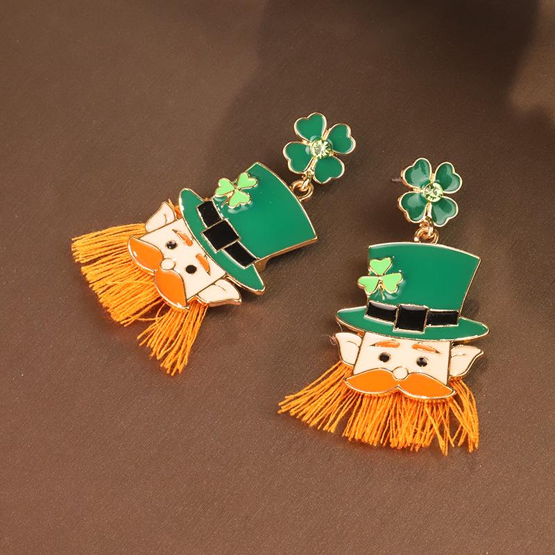 Cross-Border St. Patrick's Clover Tassel Earrings with Irish Hat Design