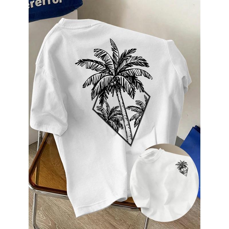 European Size Men's New Style Pure Cotton Short-Sleeve T-Shirt with Palm Tree Print, Suitable for Vacation and Leisure, Crew Neck, Short Sleeves