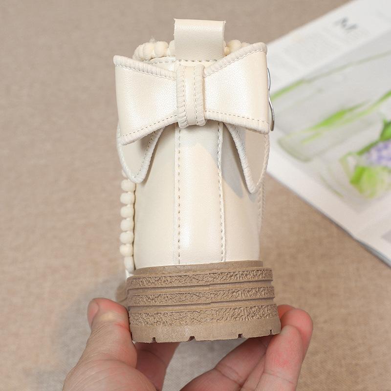 Children's Princess Style Single Boots Plus Velvet Short Boots Non-slip Soft Sole Leather Boots Side Zipper Warm Cotton Boots